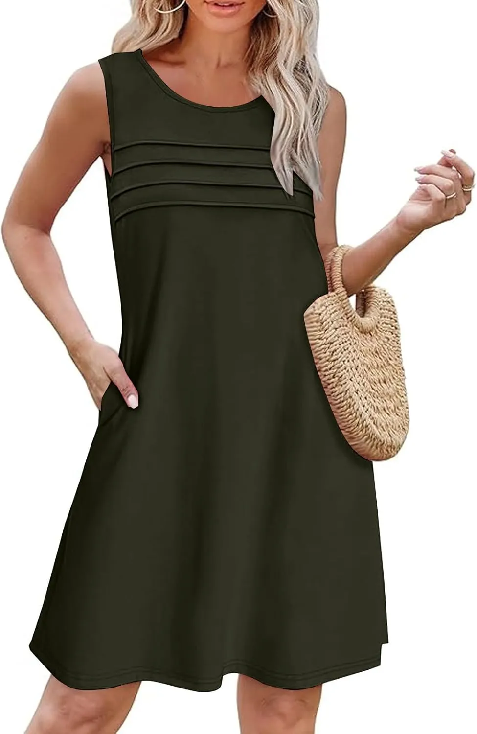 Womens Summer Dresses Casual Sleeveless Fashion Solid Color Dress Loose Fit Pleated Vacation Beach Sundress
