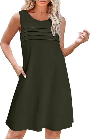 Womens Summer Dresses Casual Sleeveless Fashion Solid Color Dress Loose Fit Pleated Vacation Beach Sundress