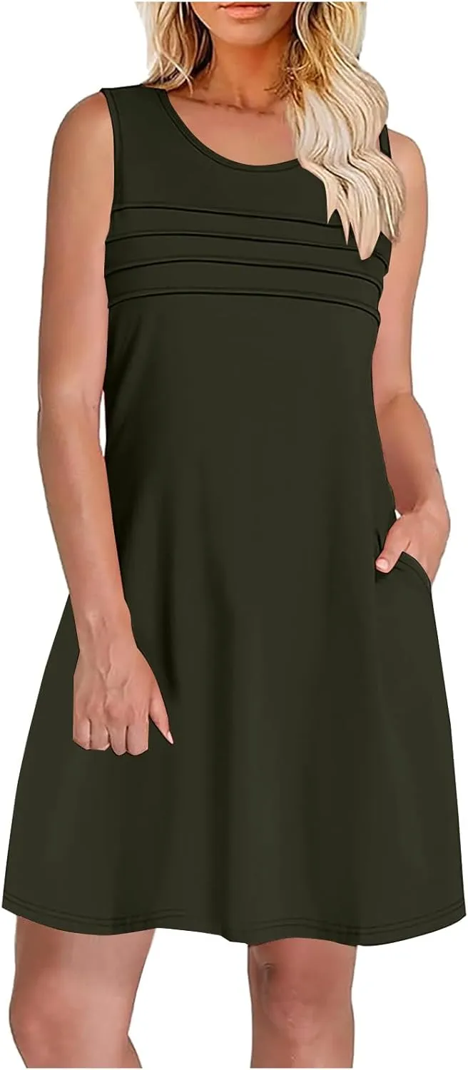 Womens Summer Dresses Casual Sleeveless Fashion Solid Color Dress Loose Fit Pleated Vacation Beach Sundress