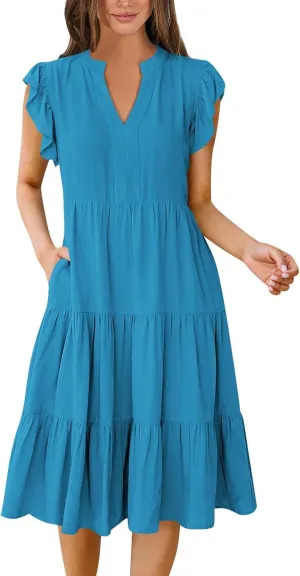 Womens Summer Dresses Ruffle Short Sleeve V Neck Midi Dress Casual Boho Flowy Tiered Beach Sundress with Pockets 2024
