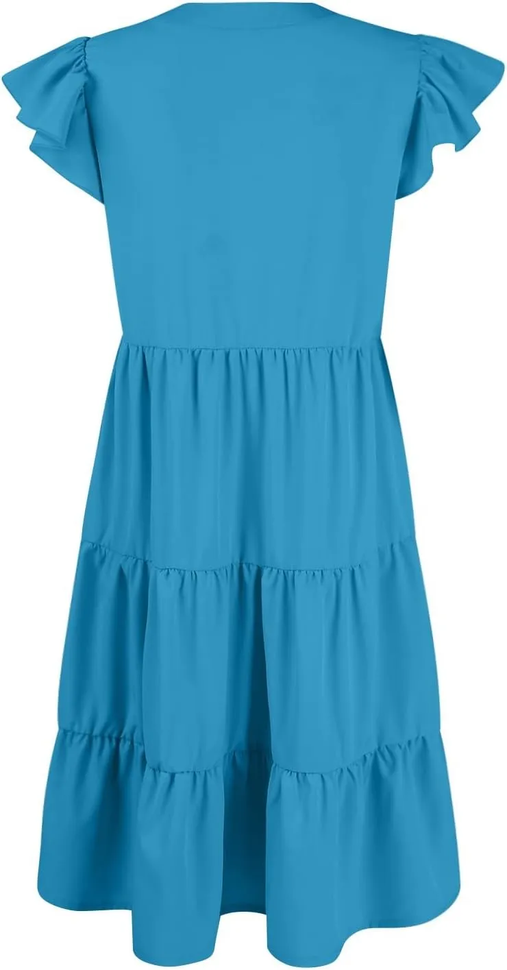 Womens Summer Dresses Ruffle Short Sleeve V Neck Midi Dress Casual Boho Flowy Tiered Beach Sundress with Pockets 2024