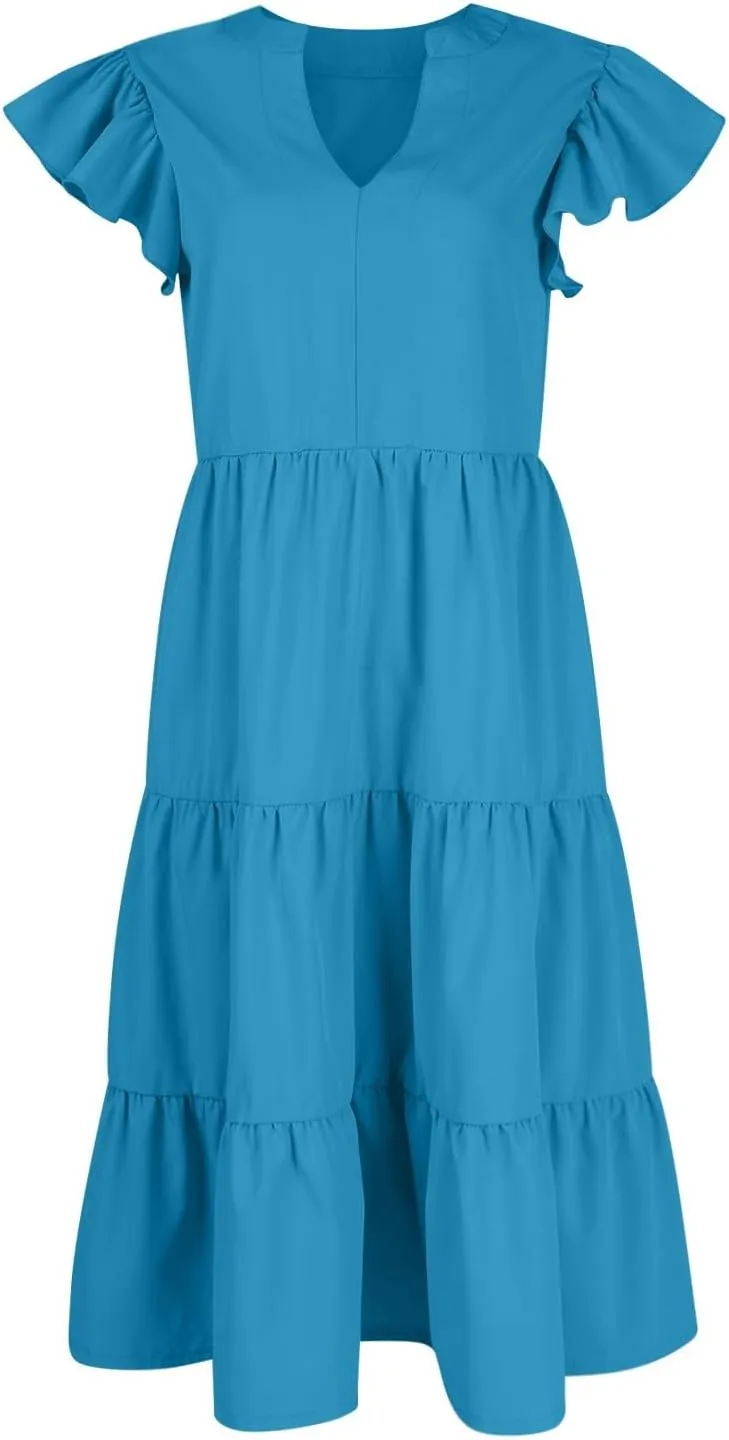 Womens Summer Dresses Ruffle Short Sleeve V Neck Midi Dress Casual Boho Flowy Tiered Beach Sundress with Pockets 2024