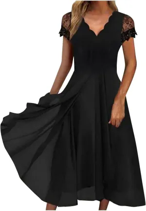 Women's Summer Elegant Trendy V-Neck Short Sleeve Lace Chiffon Prom Party Cocktail Wedding Guest Dress 2025, S-3XL