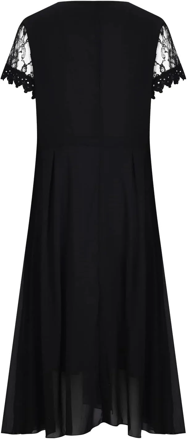 Women's Summer Elegant Trendy V-Neck Short Sleeve Lace Chiffon Prom Party Cocktail Wedding Guest Dress 2025, S-3XL