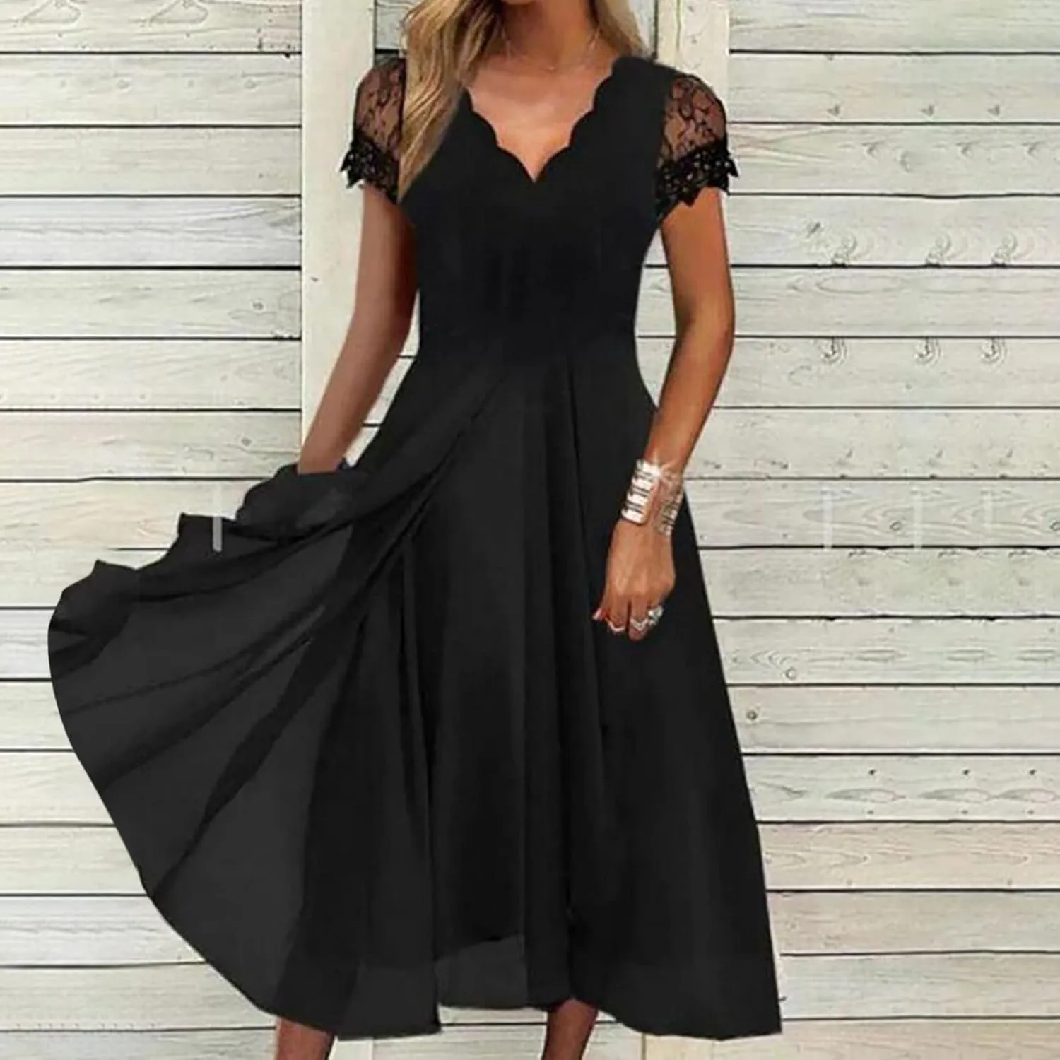 Women's Summer Elegant Trendy V-Neck Short Sleeve Lace Chiffon Prom Party Cocktail Wedding Guest Dress 2025, S-3XL
