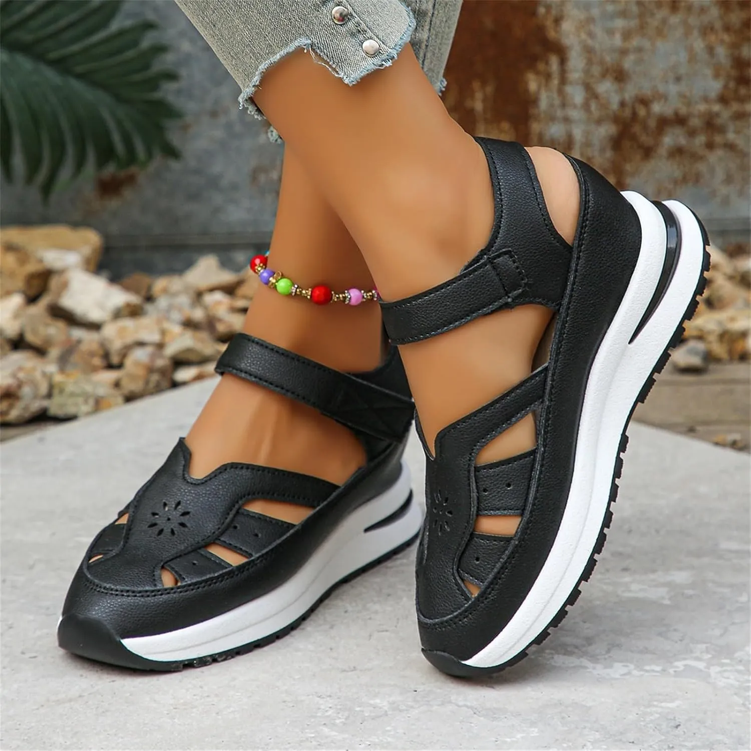 Womens Summer Sandals Wide Width Closed Toe Wedge Platform Sandals Comfortable Ankle Strap Hollow Out Orthopedic Shoes Casual Bohemia Outdoor Wedges