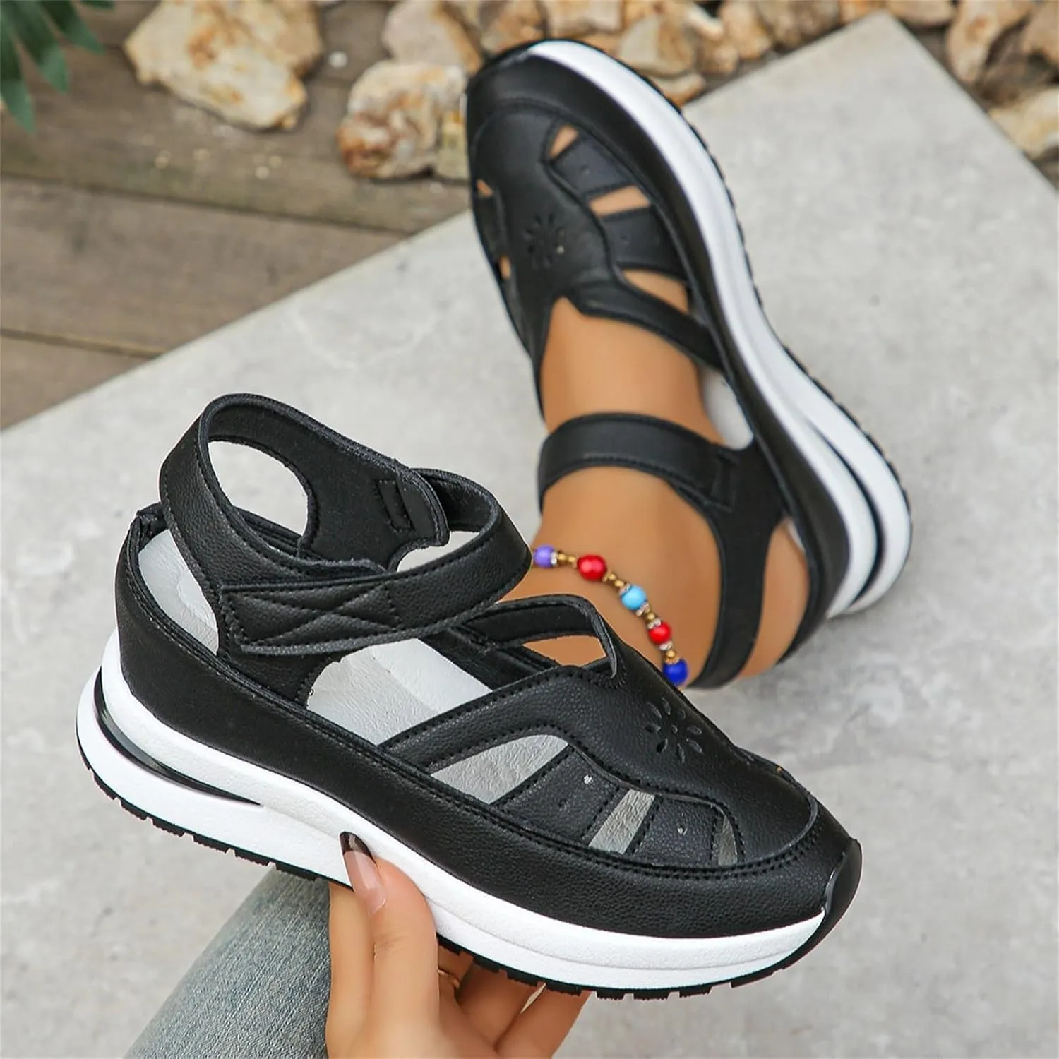 Womens Summer Sandals Wide Width Closed Toe Wedge Platform Sandals Comfortable Ankle Strap Hollow Out Orthopedic Shoes Casual Bohemia Outdoor Wedges