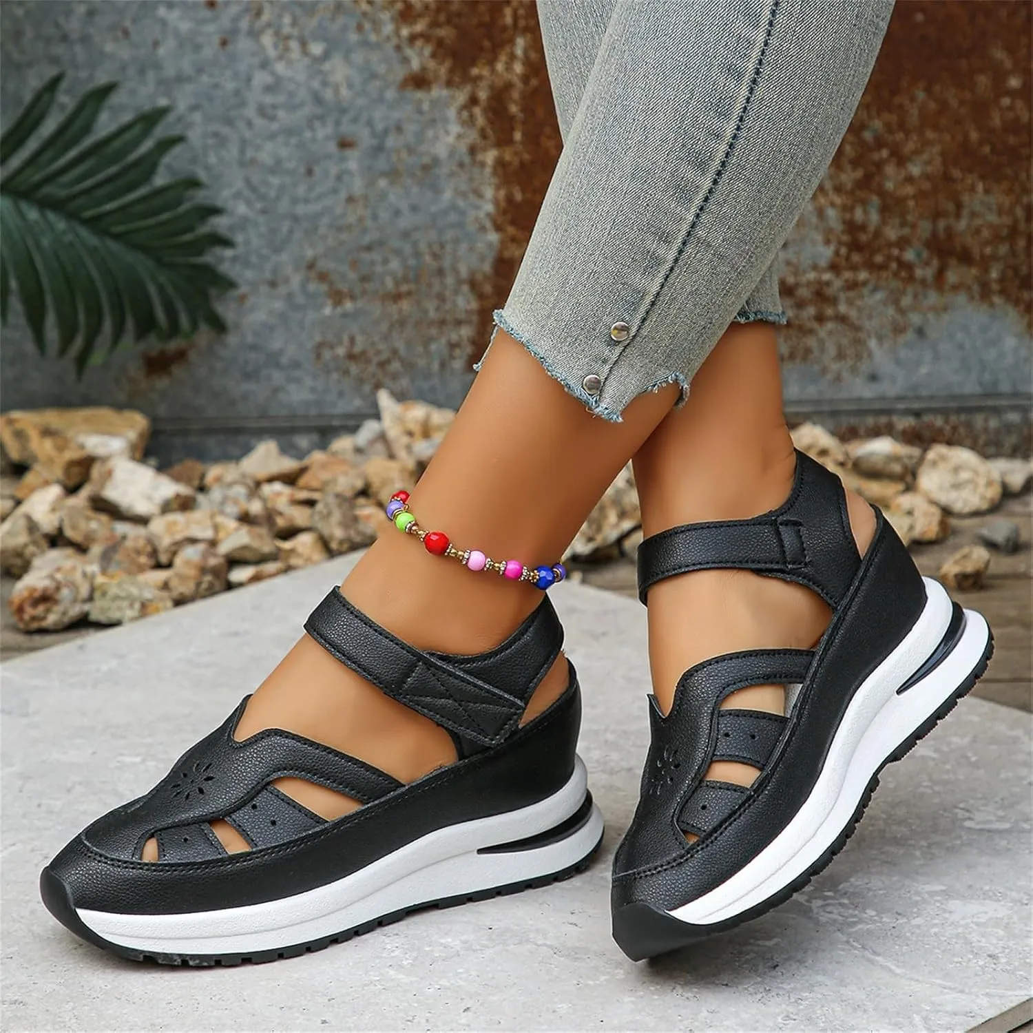 Womens Summer Sandals Wide Width Closed Toe Wedge Platform Sandals Comfortable Ankle Strap Hollow Out Orthopedic Shoes Casual Bohemia Outdoor Wedges