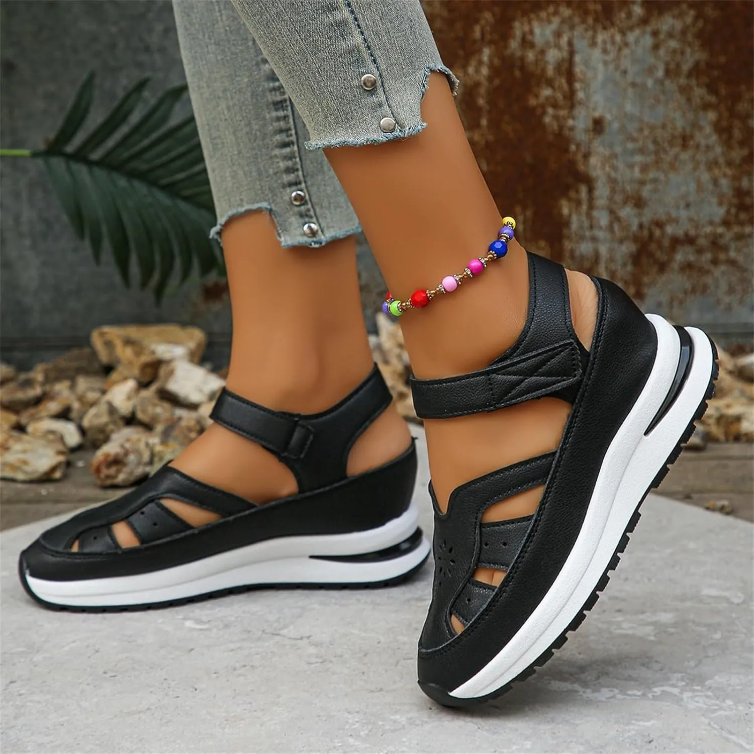 Womens Summer Sandals Wide Width Closed Toe Wedge Platform Sandals Comfortable Ankle Strap Hollow Out Orthopedic Shoes Casual Bohemia Outdoor Wedges