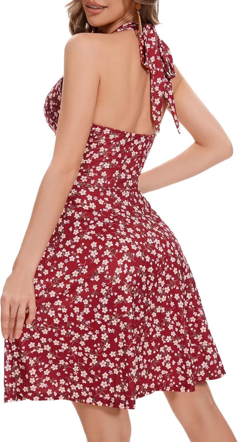 Women's Summer Sundress- 2025 Sexy Halter Sleeveless Spring Boho Elastic Waist Ruffle Mini Dress