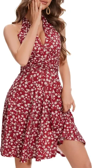 Women's Summer Sundress- 2025 Sexy Halter Sleeveless Spring Boho Elastic Waist Ruffle Mini Dress