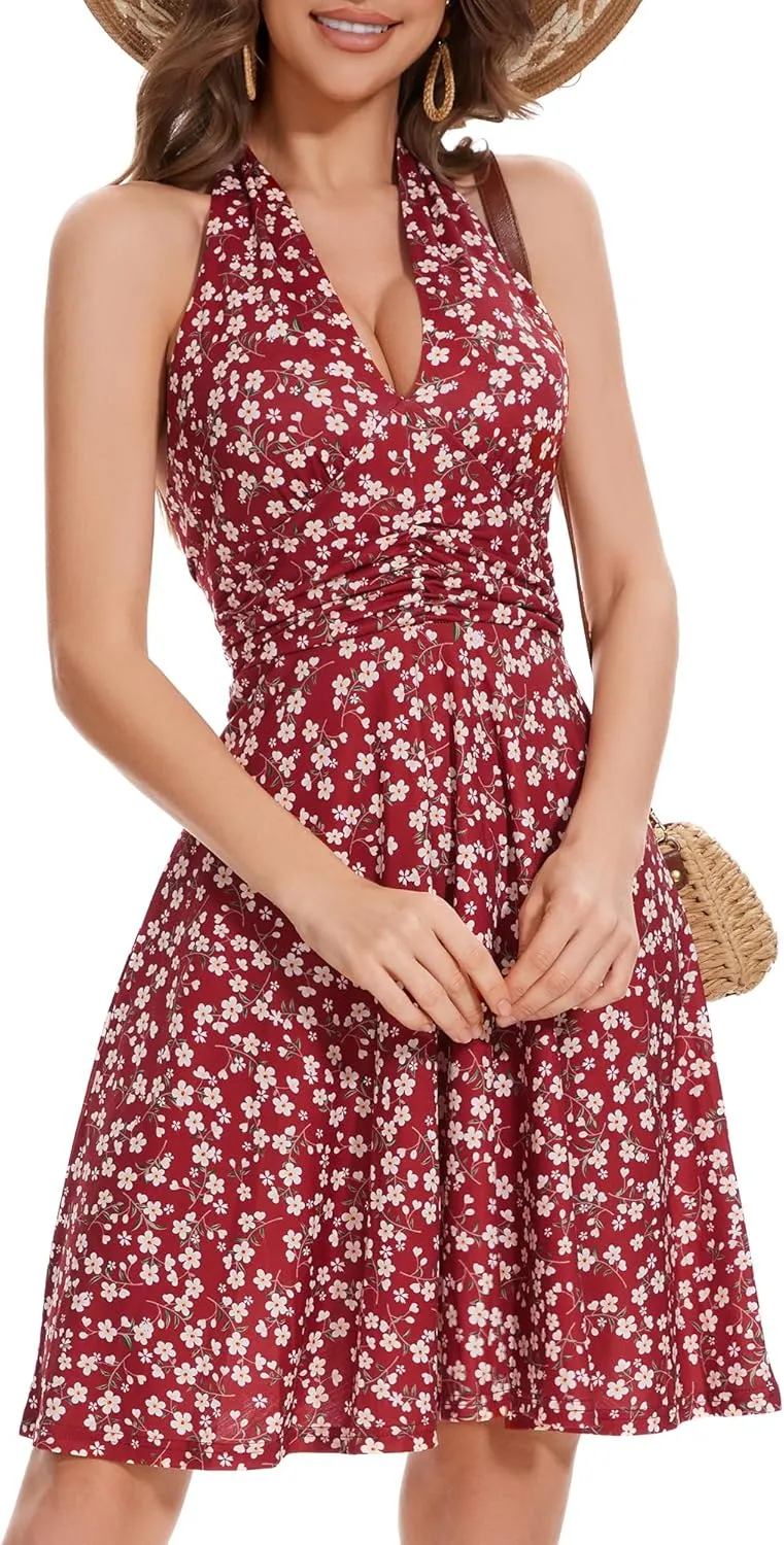 Women's Summer Sundress- 2025 Sexy Halter Sleeveless Spring Boho Elastic Waist Ruffle Mini Dress