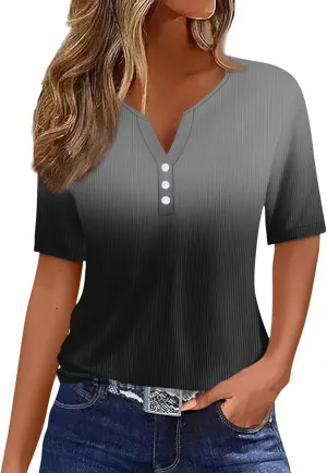 Womens Summer Tops Button Down Short Sleeve Tunics V Neck Tees Floral Print Tops Casual T Shirt Vacation Pullover
