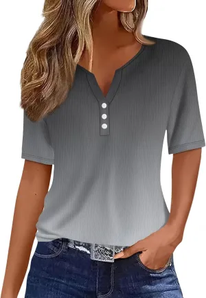 Womens Summer Tops Button Down Short Sleeve Tunics V Neck Tees Floral Print Tops Casual T Shirt Vacation Pullover