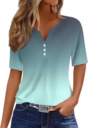Womens Summer Tops Button Down Short Sleeve Tunics V Neck Tees Floral Print Tops Casual T Shirt Vacation Pullover