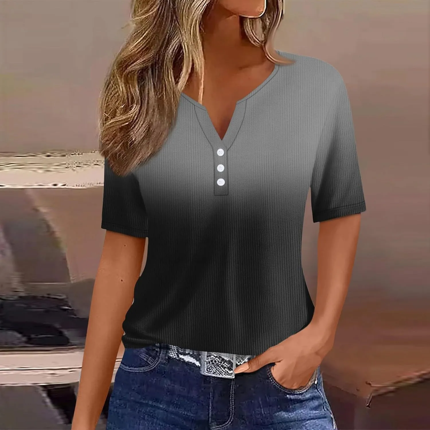 Womens Summer Tops Button Down Short Sleeve Tunics V Neck Tees Floral Print Tops Casual T Shirt Vacation Pullover