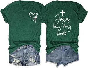 Womens Summer Tops Christian T Shirts Jesus Has My Back Graphic Tees Religious Faith Inspirational Tees