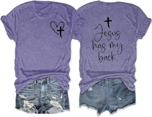 Womens Summer Tops Christian T Shirts Jesus Has My Back Graphic Tees Religious Faith Inspirational Tees