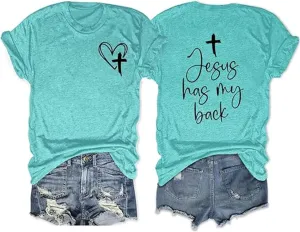 Womens Summer Tops Christian T Shirts Jesus Has My Back Graphic Tees Religious Faith Inspirational Tees