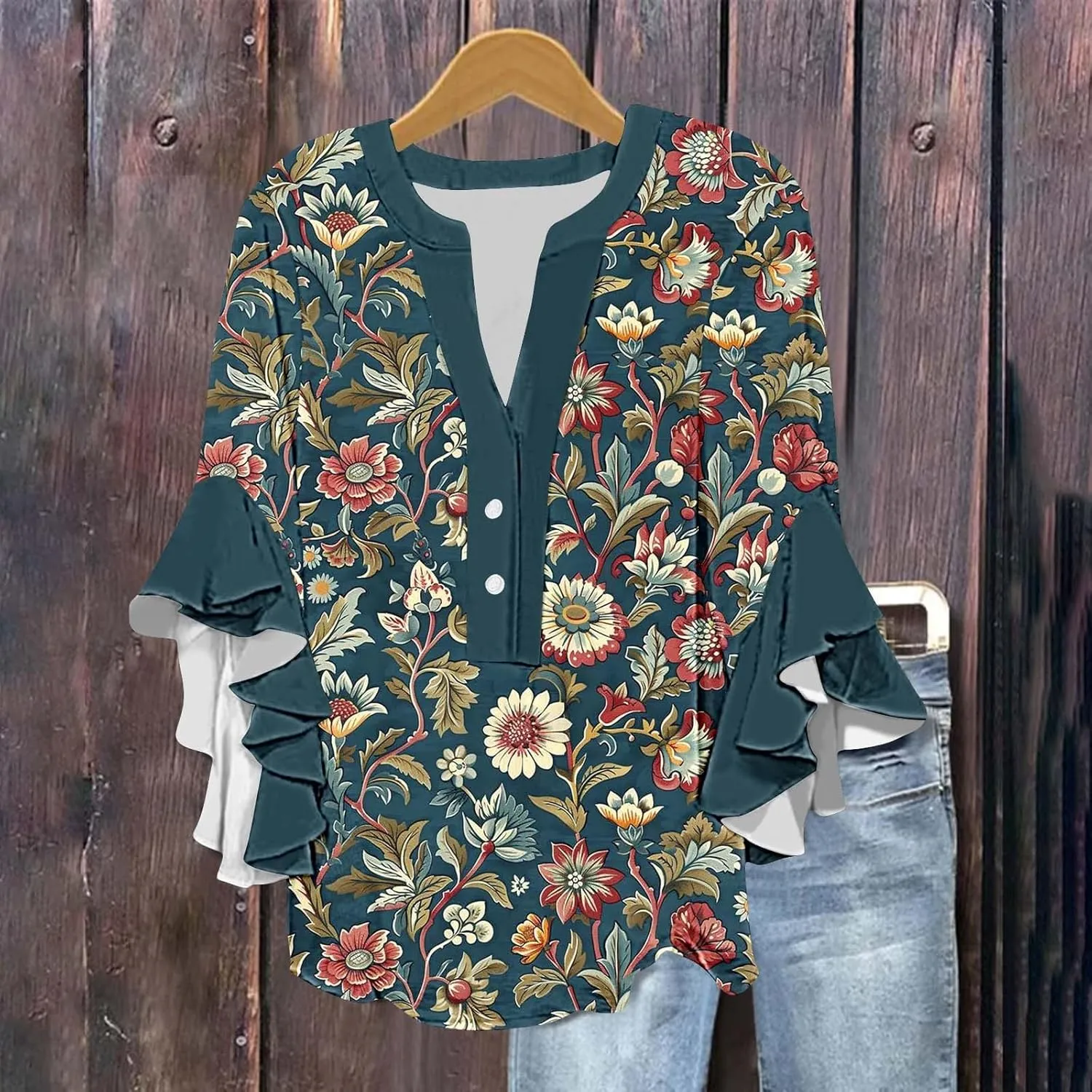 Womens Tops Dressy Casual 3/4 Length Bell Sleeve Top Oversized V Neck Floral T Shirts Summer Fashion Boho Tunics 2025