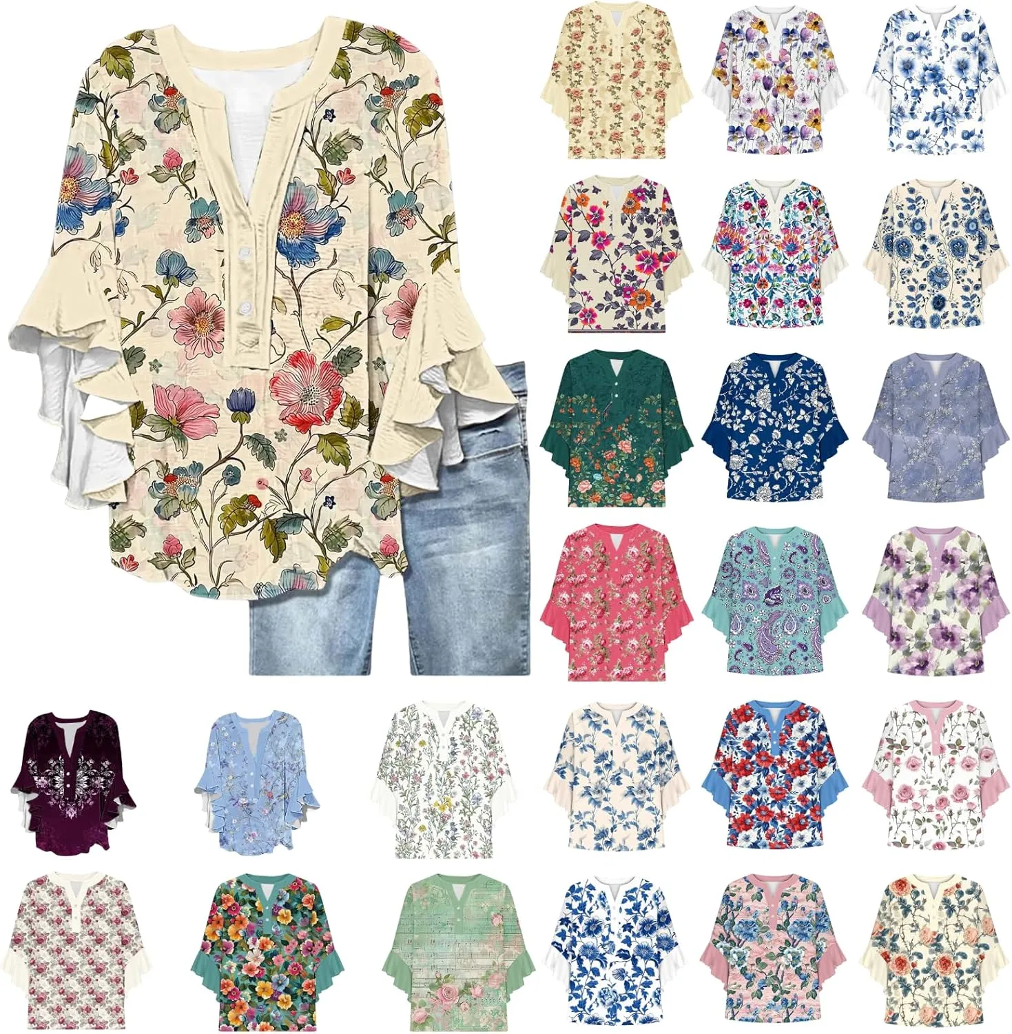 Womens Tops Dressy Casual 3/4 Length Bell Sleeve Top Oversized V Neck Floral T Shirts Summer Fashion Boho Tunics 2025