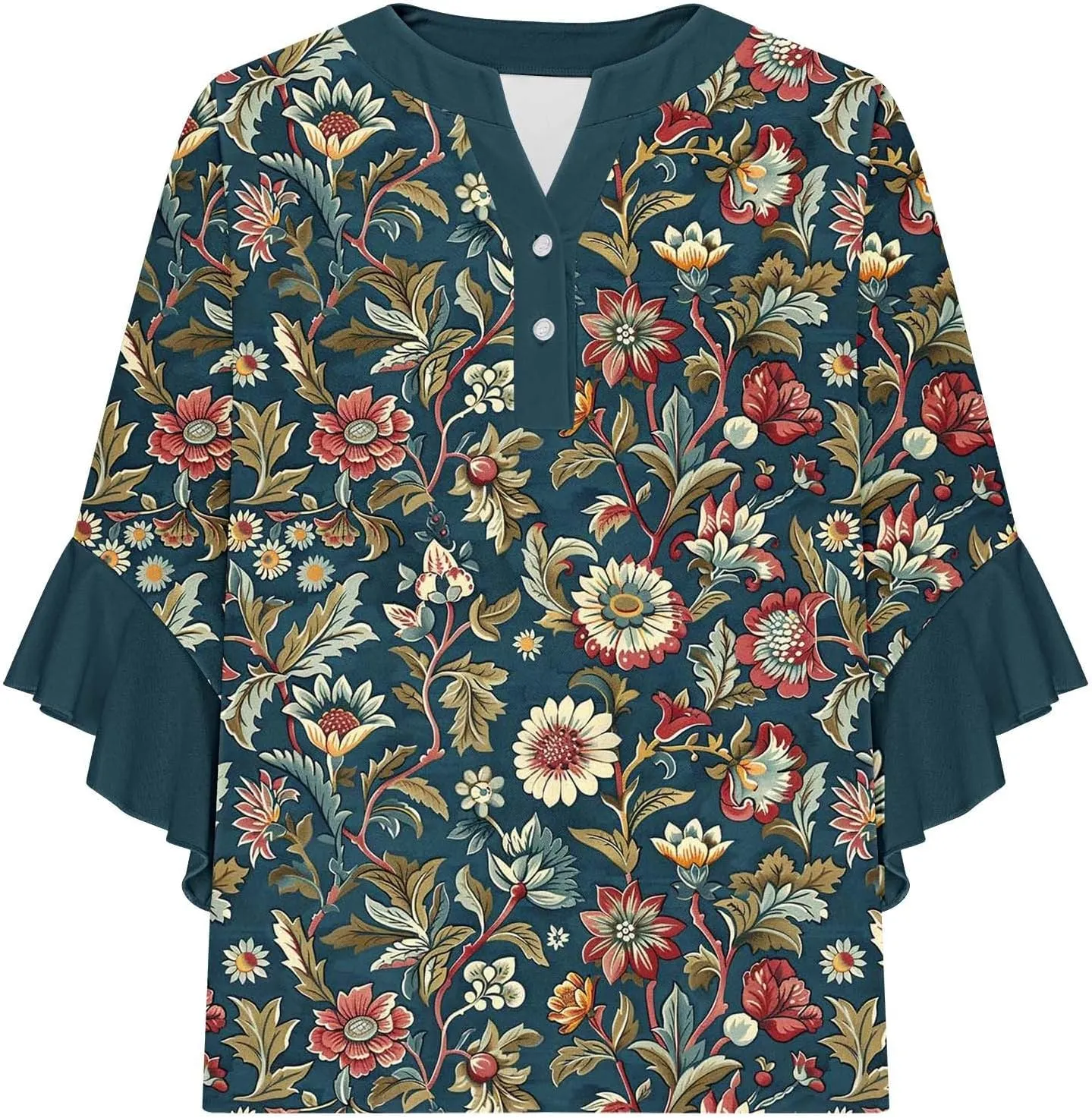 Womens Tops Dressy Casual 3/4 Length Bell Sleeve Top Oversized V Neck Floral T Shirts Summer Fashion Boho Tunics 2025