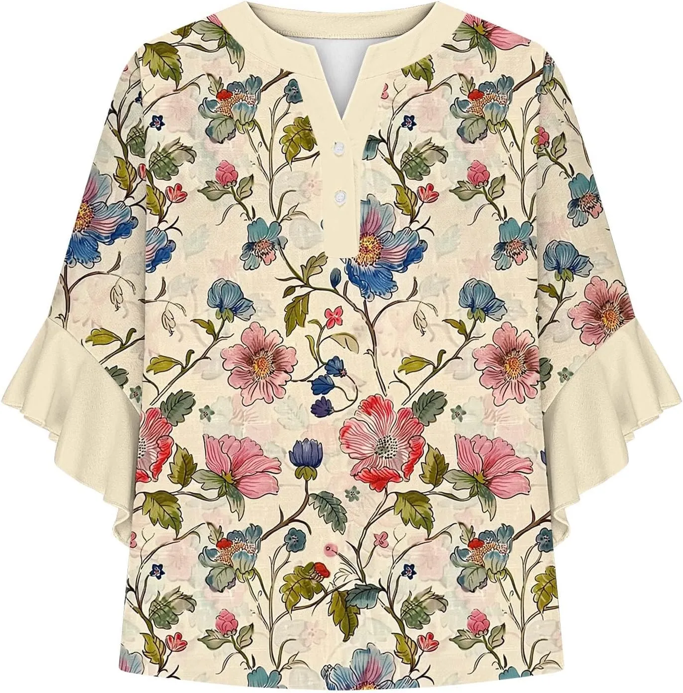 Womens Tops Dressy Casual 3/4 Length Bell Sleeve Top Oversized V Neck Floral T Shirts Summer Fashion Boho Tunics 2025