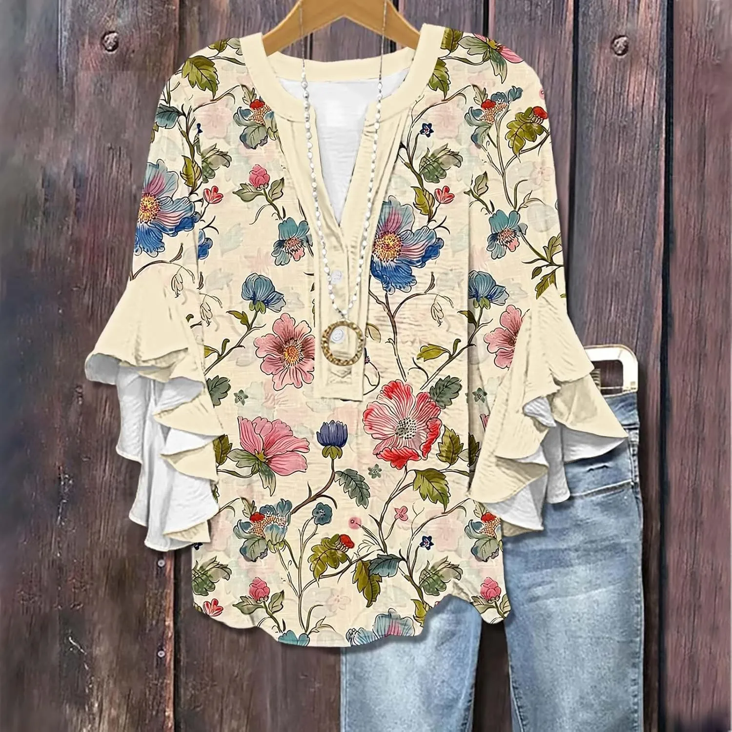 Womens Tops Dressy Casual 3/4 Length Bell Sleeve Top Oversized V Neck Floral T Shirts Summer Fashion Boho Tunics 2025