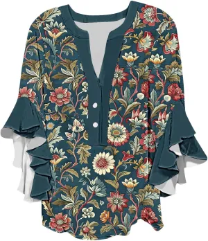 Womens Tops Dressy Casual 3/4 Length Bell Sleeve Top Oversized V Neck Floral T Shirts Summer Fashion Boho Tunics 2025
