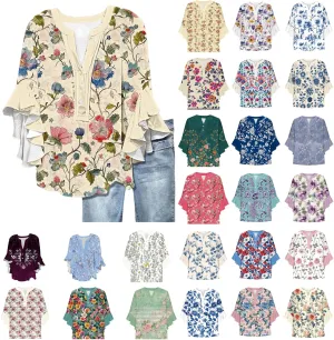 Womens Tops Dressy Casual 3/4 Length Bell Sleeve Top Oversized V Neck Floral T Shirts Summer Fashion Boho Tunics 2025