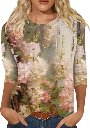 Women's Tops Trendy Casual 3/4 Sleeve Blouses Cute Boho Floral Shirts Loose Fit Dressy Crew Neck Tops