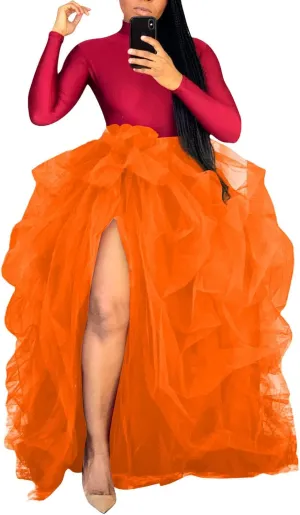 Women's Tulle Dress Mesh Prom Party Maxi Dress Sexy High Slit Skirt for Special Occasions Wedding Tulle Skirts