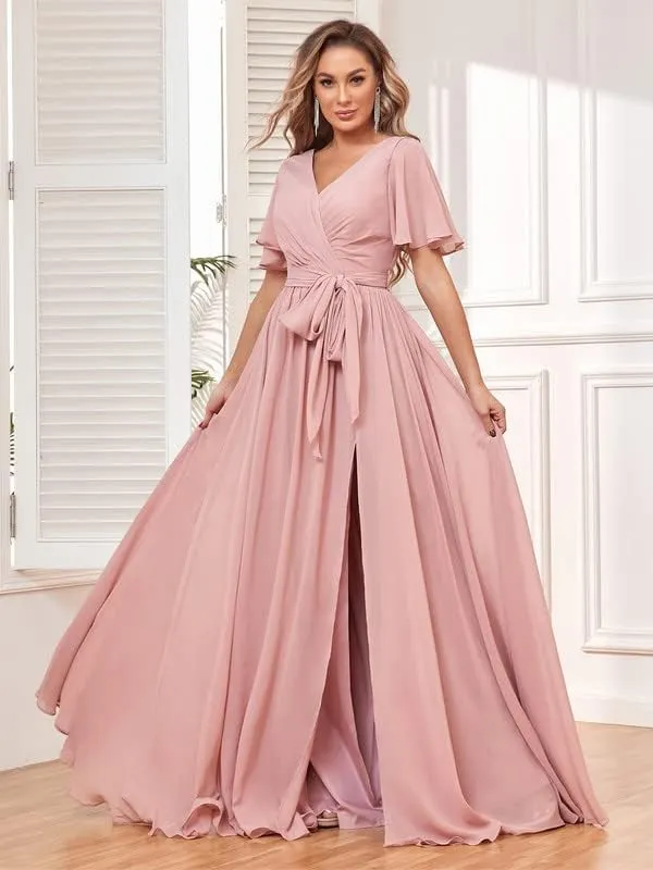Women's V Neck Flutter Sleeve Bridesmaid Dresses for Wedding Long Chiffon Evening Formal Dress with Pockets