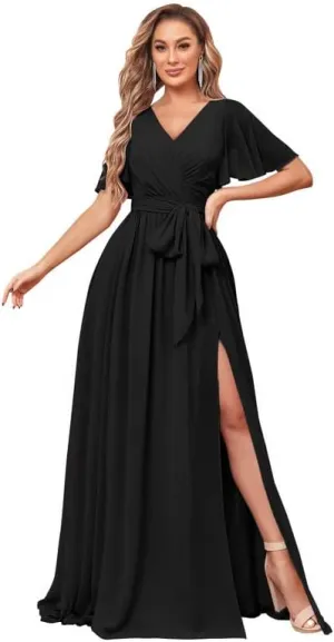 Women's V Neck Flutter Sleeve Bridesmaid Dresses for Wedding Long Chiffon Evening Formal Dress with Pockets