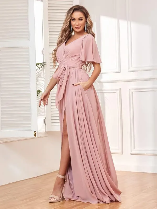 Women's V Neck Flutter Sleeve Bridesmaid Dresses for Wedding Long Chiffon Evening Formal Dress with Pockets
