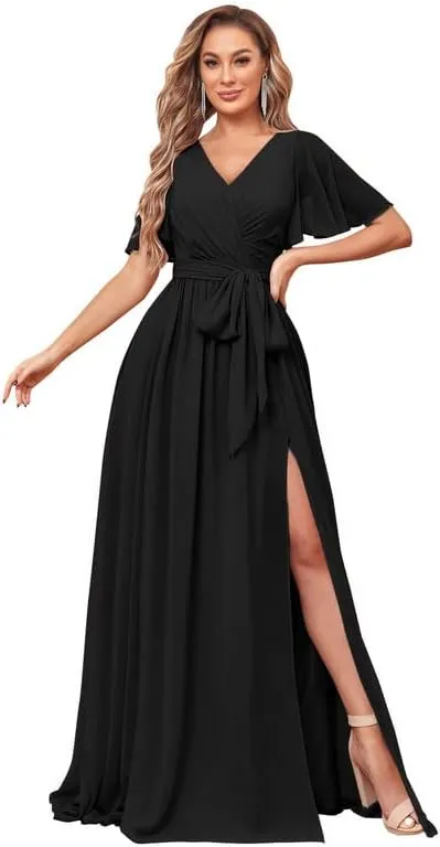 Women's V Neck Flutter Sleeve Bridesmaid Dresses for Wedding Long Chiffon Evening Formal Dress with Pockets