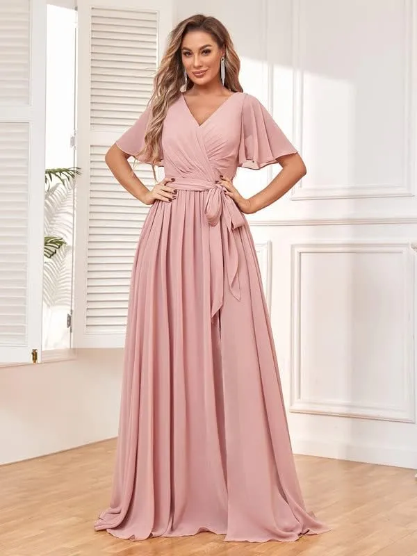 Women's V Neck Flutter Sleeve Bridesmaid Dresses for Wedding Long Chiffon Evening Formal Dress with Pockets