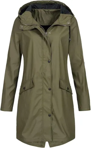 Womens Waterproof Mid Length Rain Jacket with Hood Casual Lightweight Windbreaker Travel Hiking Jacket