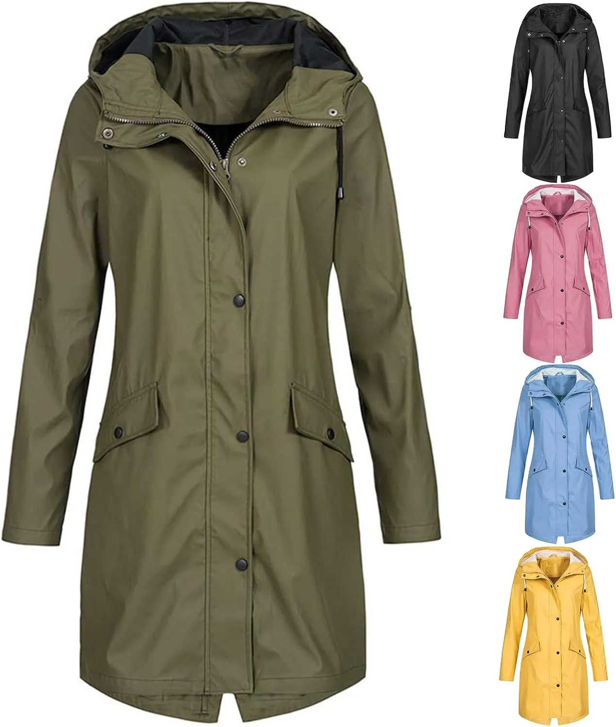 Womens Waterproof Mid Length Rain Jacket with Hood Casual Lightweight Windbreaker Travel Hiking Jacket