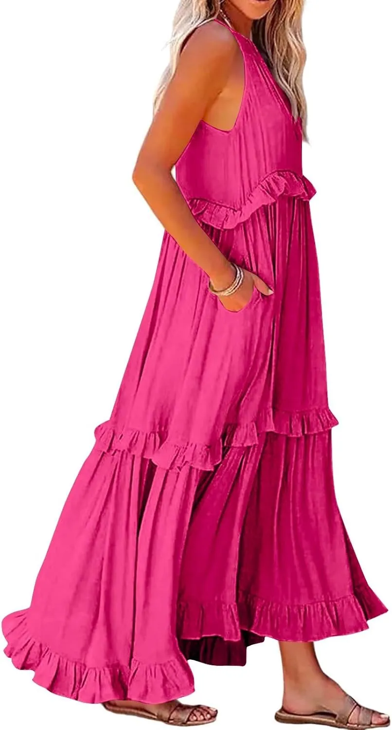Womens Weddings Sleeveless Fashion Dresses Maxi Casual Loose Ruffled Sleeve Elegant Summer Hem Comfortable Soft Dress