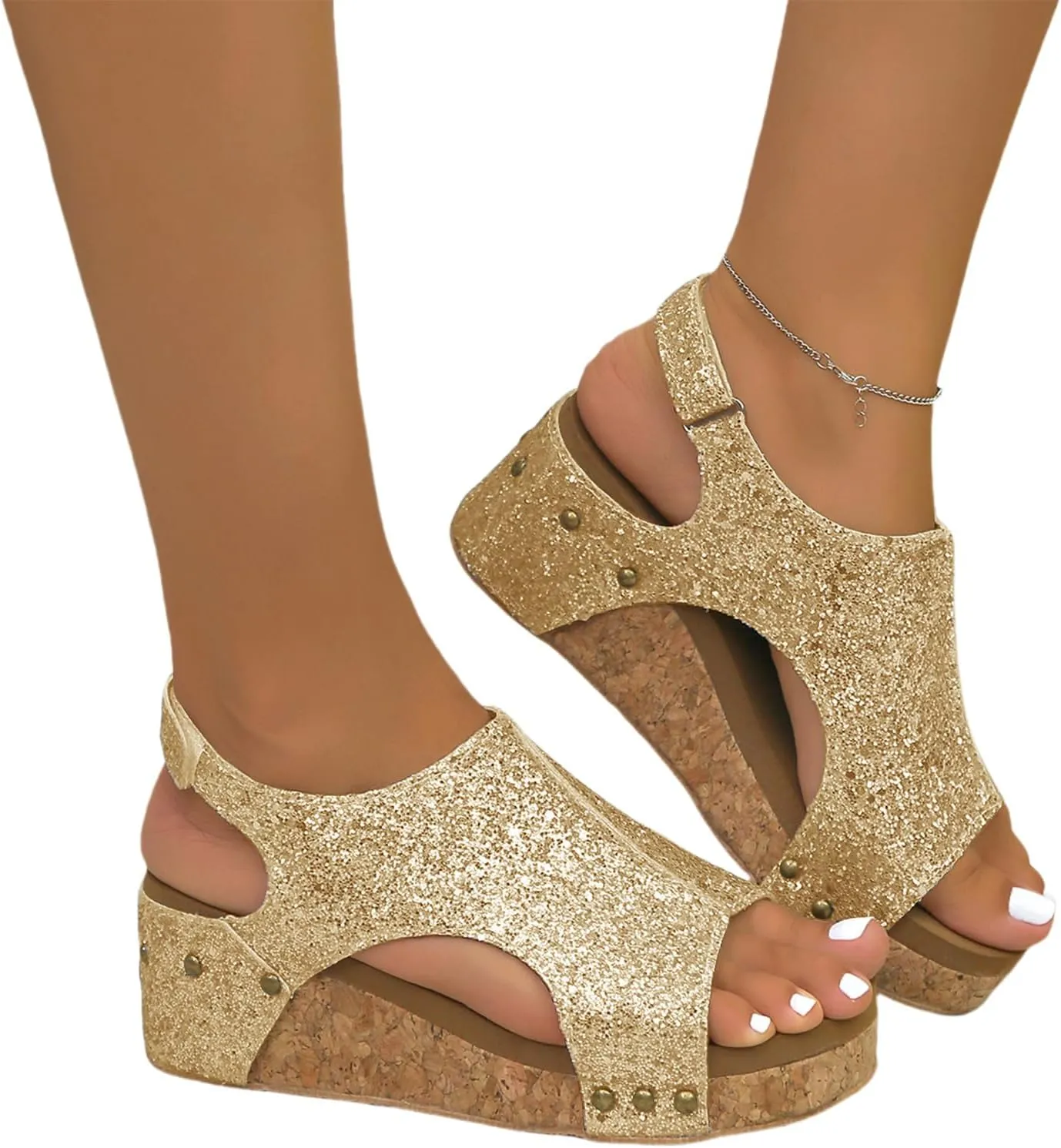 Womens Wedge Sandals Comfortable Open Toe Espadrilles Platform Sandals Buckle Ankle Strap Wedge Sandals Summer Slingback Bling Sandals