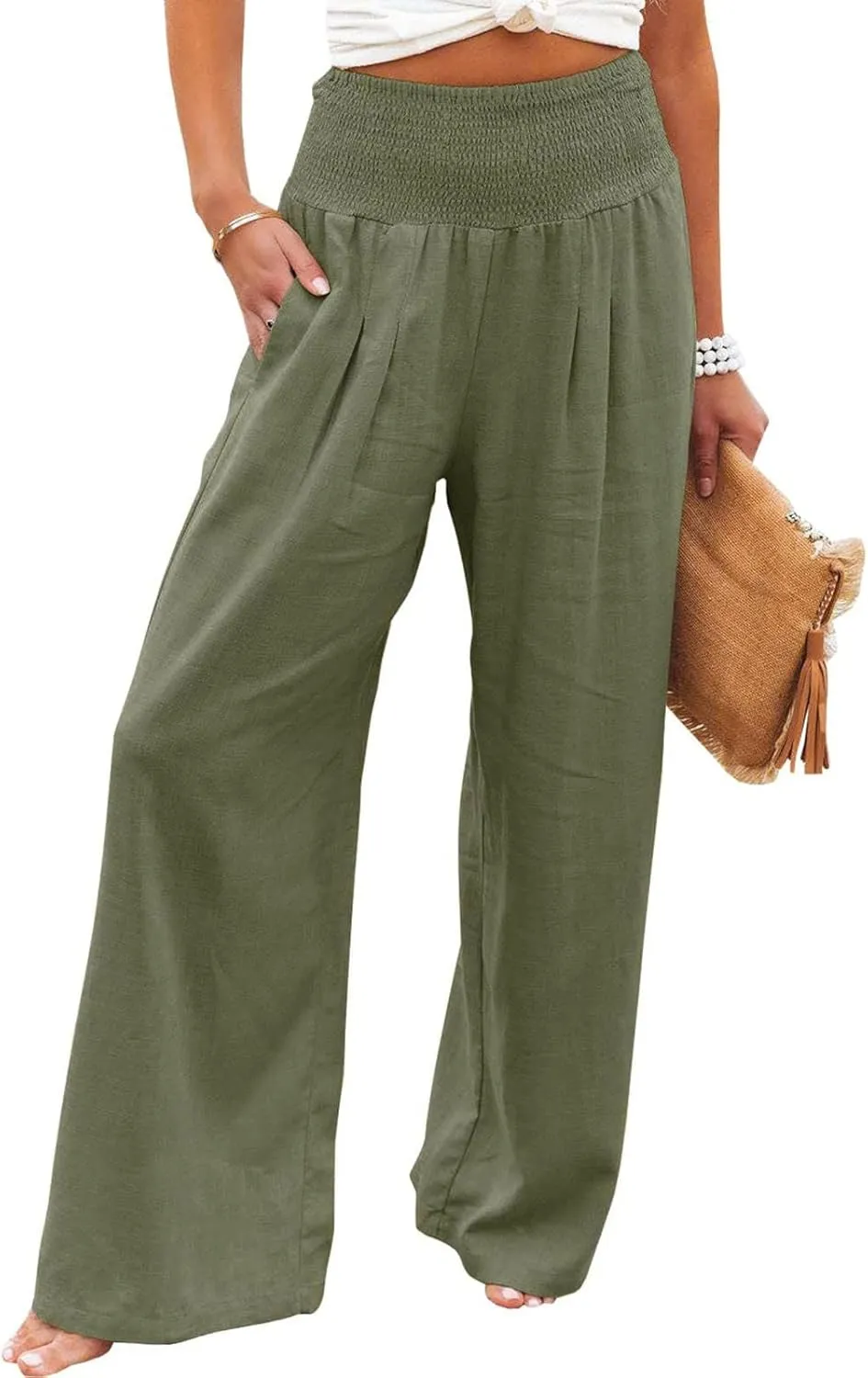 Womens Wide Leg Linen Pants 2025 Baggy Y2K Summer Stretchy Boho Beach Pants Relaxed Loose Fit Elastic Lightweight Trousers