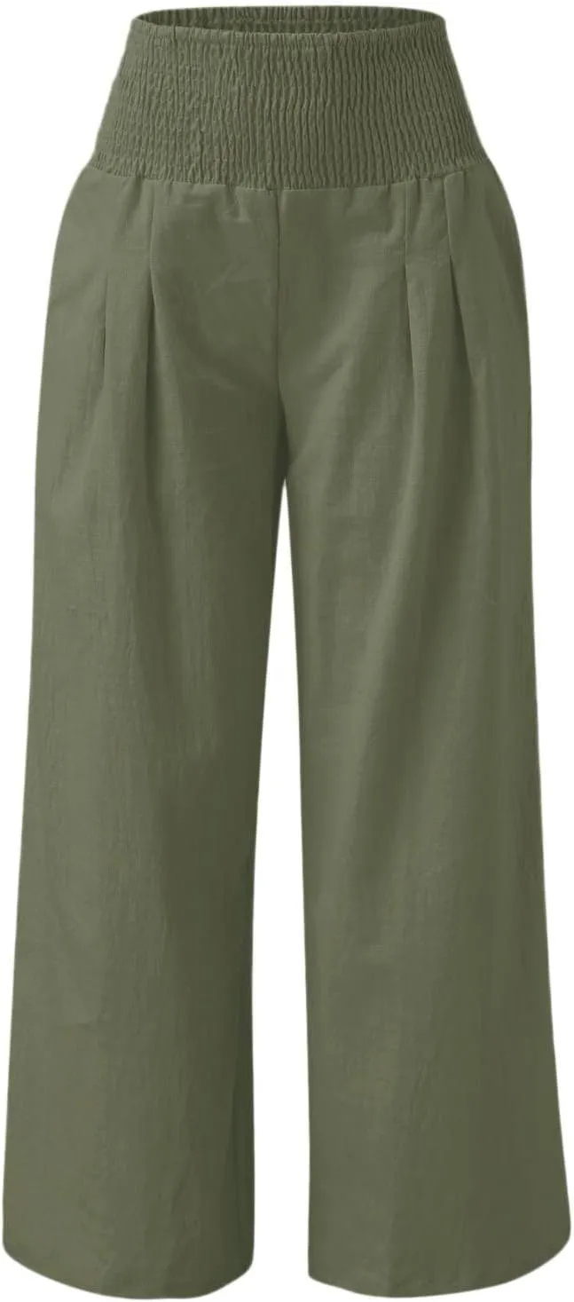Womens Wide Leg Linen Pants 2025 Baggy Y2K Summer Stretchy Boho Beach Pants Relaxed Loose Fit Elastic Lightweight Trousers
