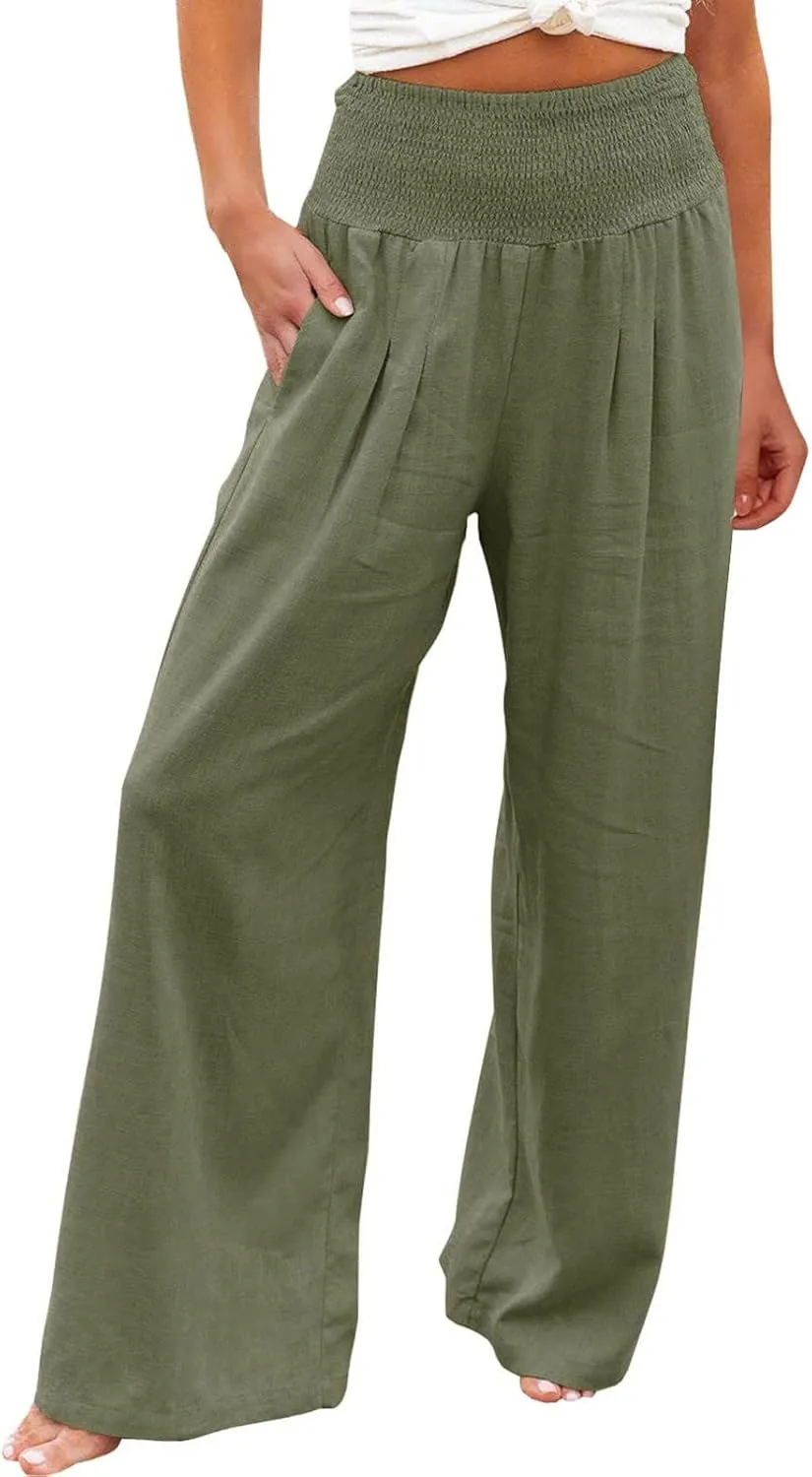 Womens Wide Leg Linen Pants 2025 Baggy Y2K Summer Stretchy Boho Beach Pants Relaxed Loose Fit Elastic Lightweight Trousers
