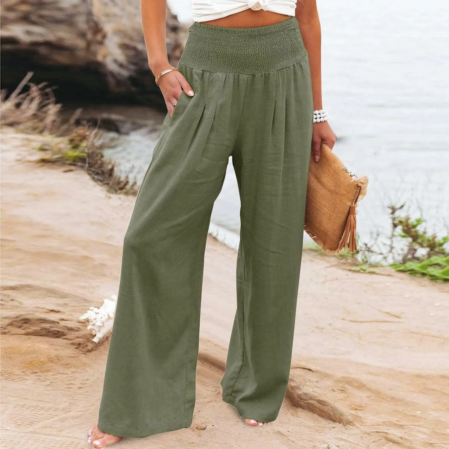 Womens Wide Leg Linen Pants 2025 Baggy Y2K Summer Stretchy Boho Beach Pants Relaxed Loose Fit Elastic Lightweight Trousers