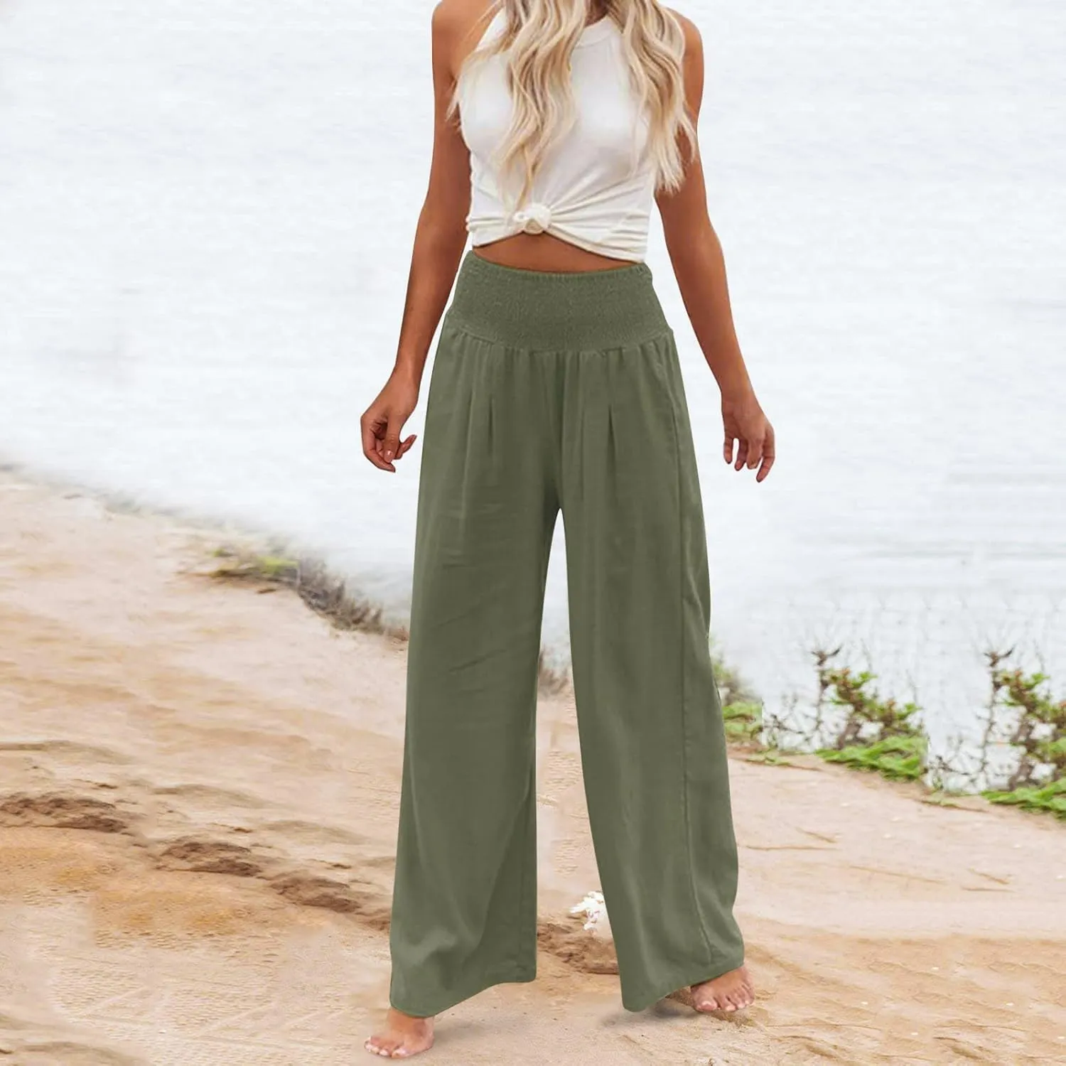 Womens Wide Leg Linen Pants 2025 Baggy Y2K Summer Stretchy Boho Beach Pants Relaxed Loose Fit Elastic Lightweight Trousers