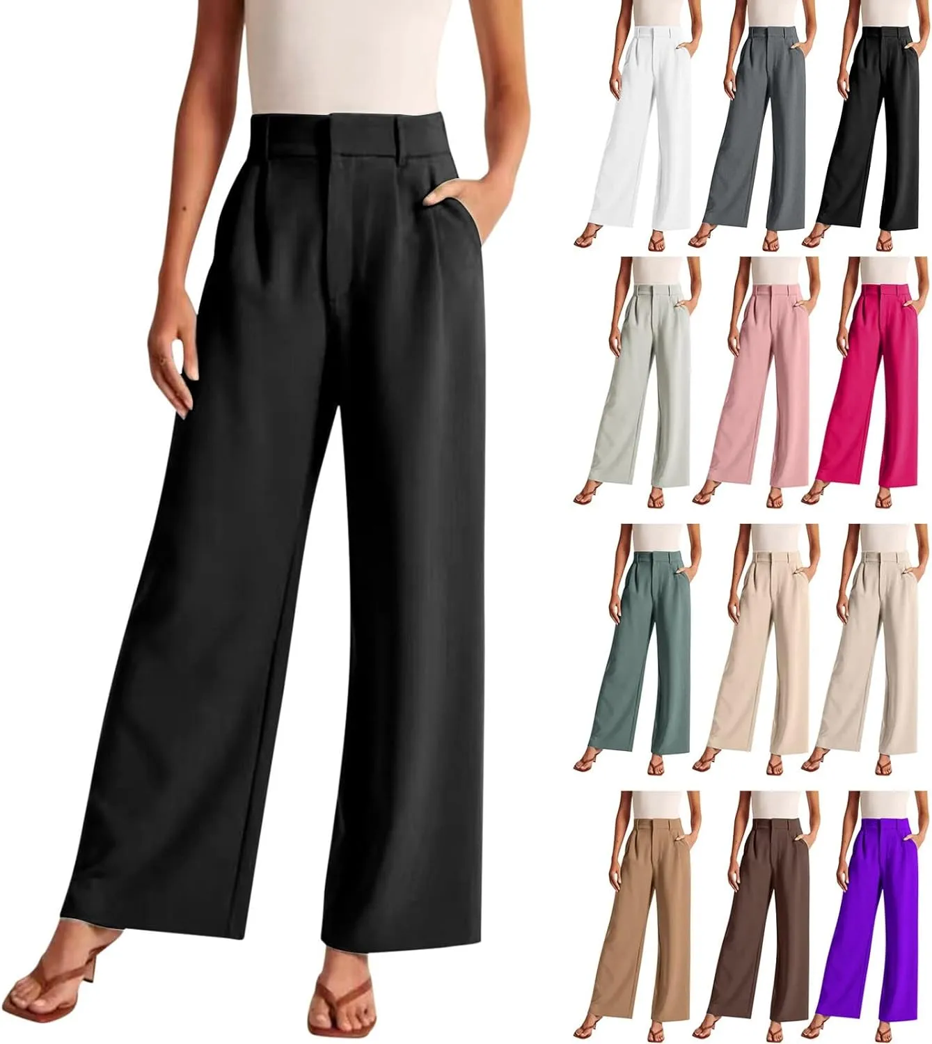 Womens Wide Leg Pants for Work Business Casual High Waisted Dress Pants Plus Size Trendy Elegant Flowy Trousers Office