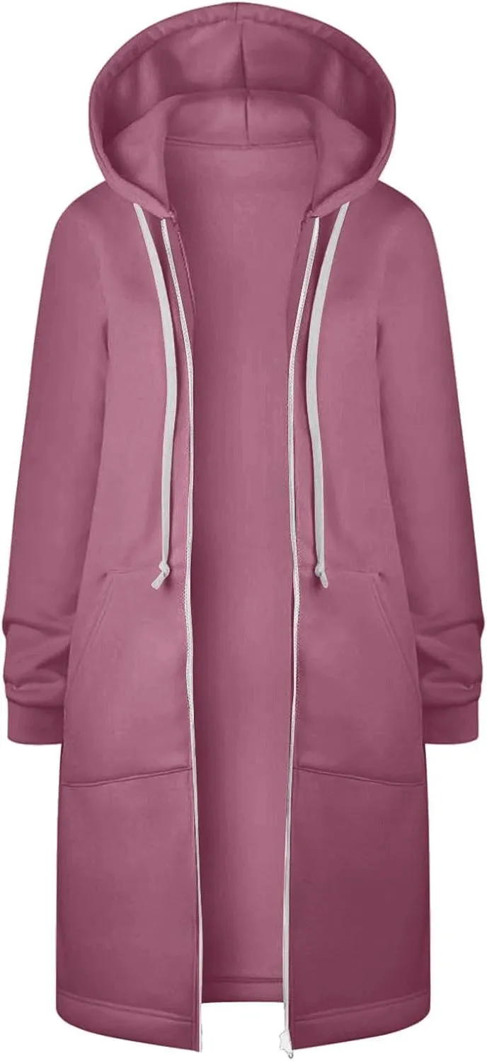 Womens Winter Coats Plus Size Drawstring Loose Hoodies Casual Plush Long Sleeve Jackets Full Zip Outerwear