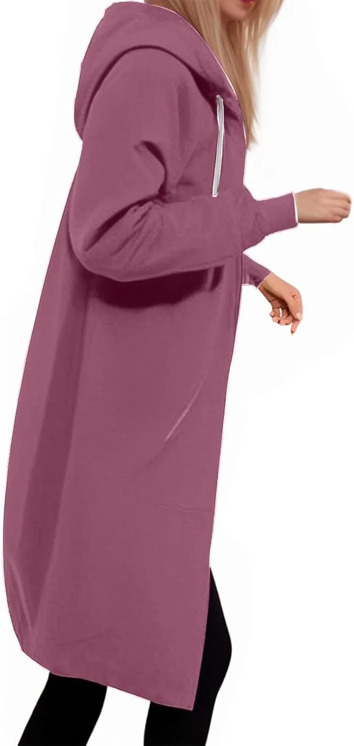 Womens Winter Coats Plus Size Drawstring Loose Hoodies Casual Plush Long Sleeve Jackets Full Zip Outerwear