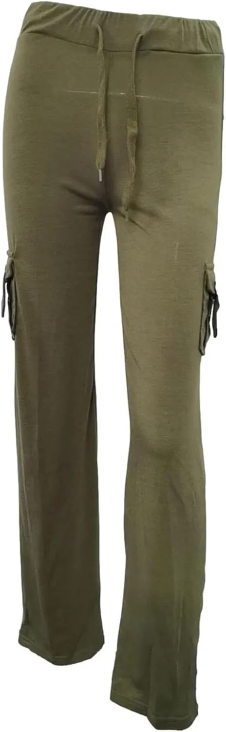 Womens Workout Out Leggings Stretchy Waist Yoga Gym Loose Pants with Multi Button Cargo Pockets Wide Leg